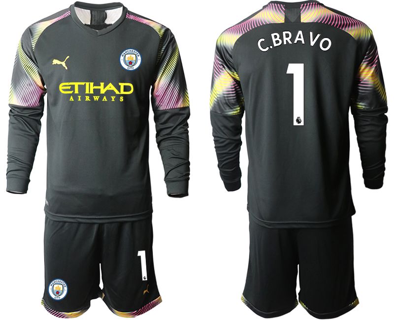 Men 2019-2020 club Manchester City black goalkeeper Long sleeve #1 Soccer Jerseys->real madrid jersey->Soccer Club Jersey